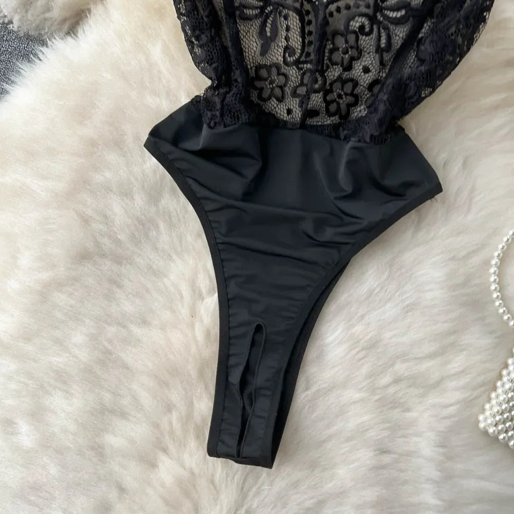 Dam Bodysuit Monokrom Spets Polyester Elegant Design 5