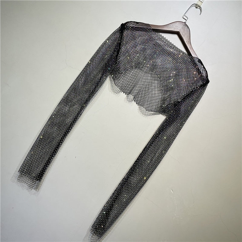 Dam Crop Top med Glansig Dekoration i Polyester – Lång Ärmlängd och Elastisk Passform 8