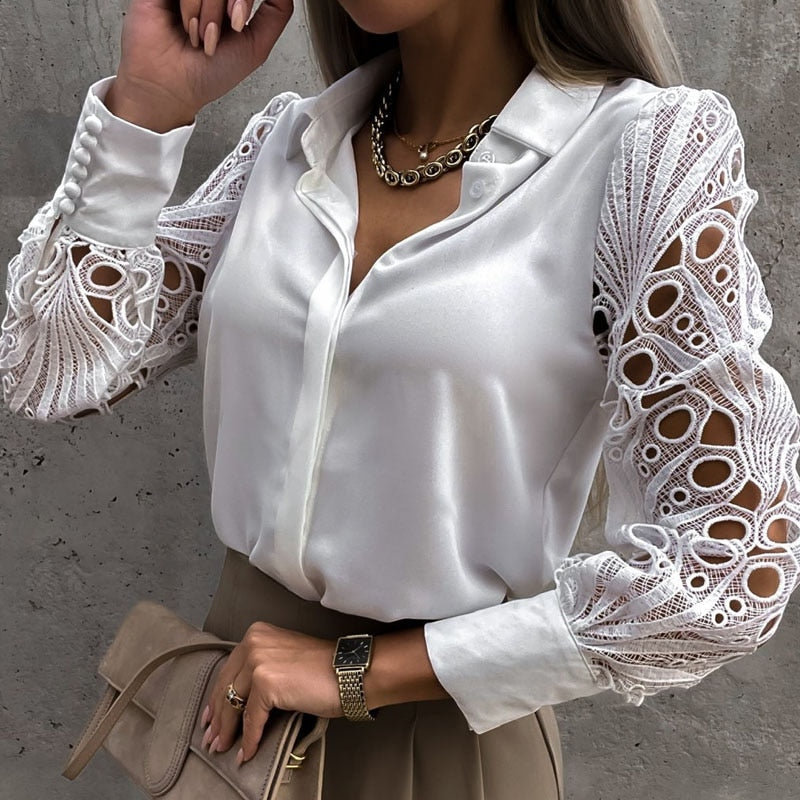 Dam Blus Puffärmar Kontrasterande Krage Polyester-6