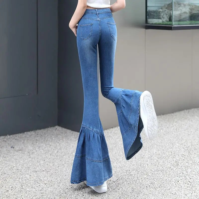 Dam Jeans Hög Midja Schlagjeans Bomull Denim-5