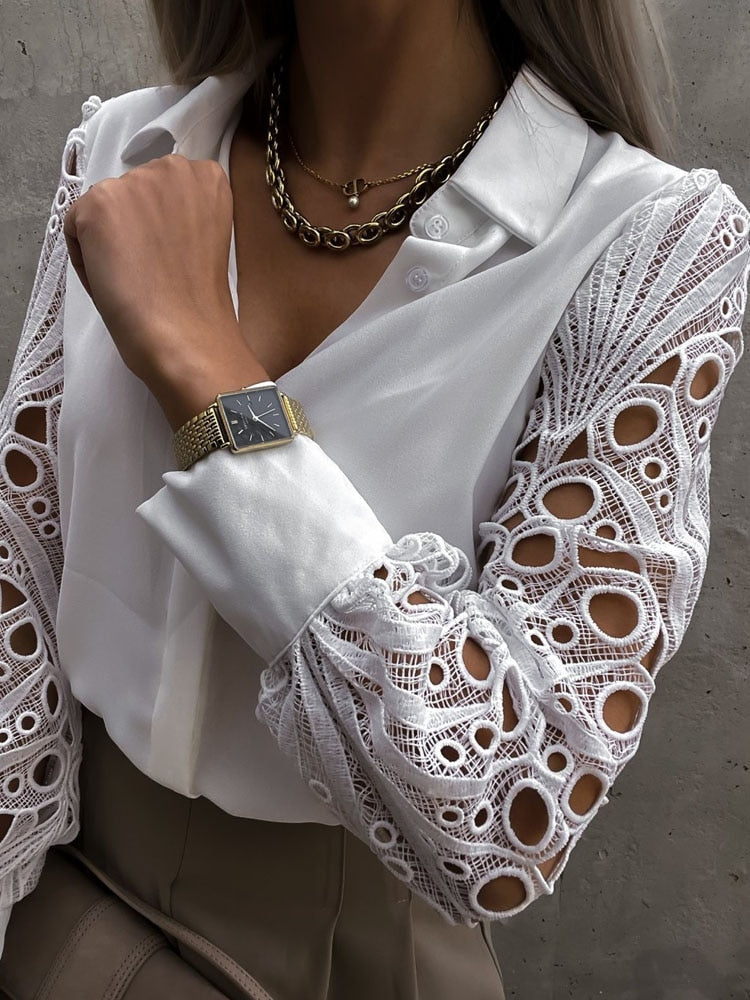 Dam Blus Puffärmar Kontrasterande Krage Polyester-4