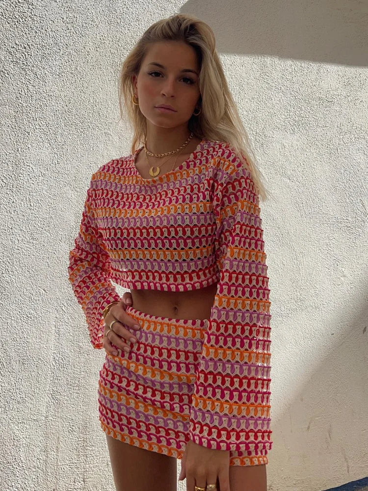 Tvådelat Set Dam Kjol Långa Ärmar Polyester Hög Midja-6