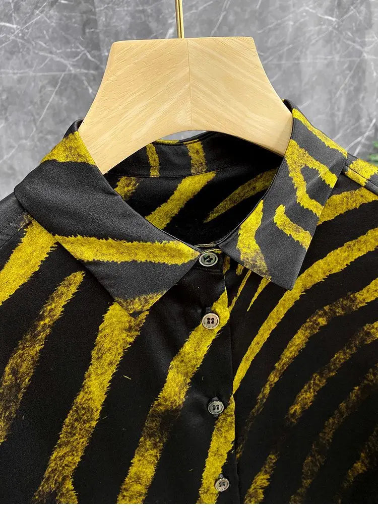 Dam Skjorta Randig Siden Polyester Långärmad-5