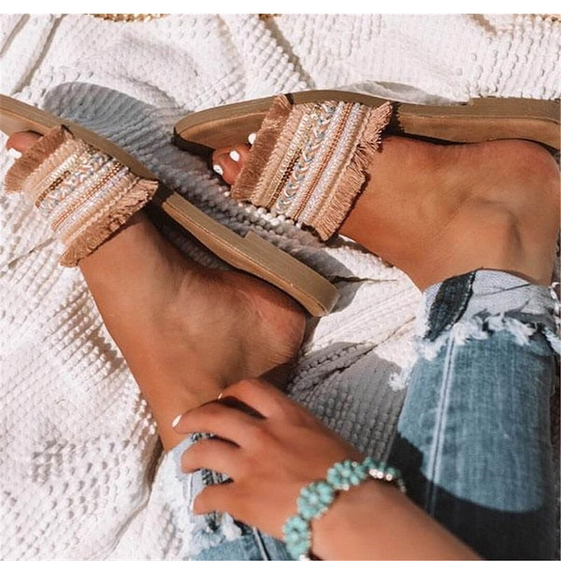 Dam Sandaler Etnisk Stil PU Gummi Platta Sula med Fransdetaljer-3