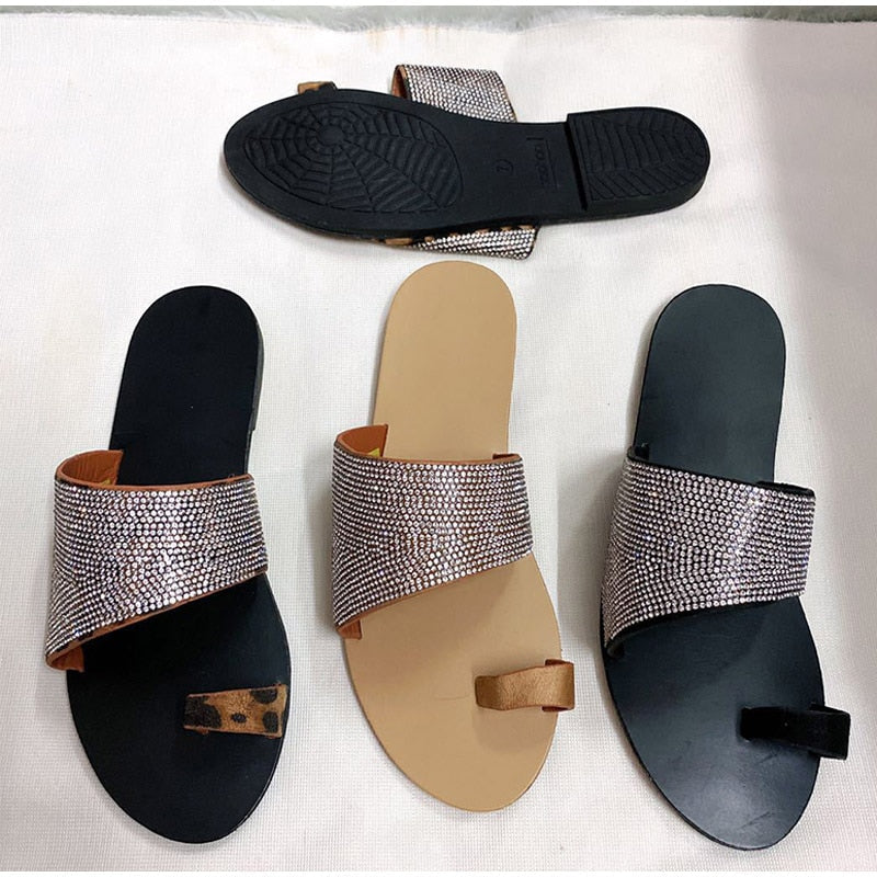 Dam Platta Sandaler Leopardmönstrad PU-Läder med Strass-3