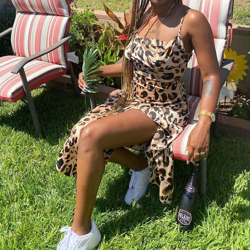 Kvinnors Midi Klänning Leopardmönster Spaghetti Band Kashmir Spandex-2