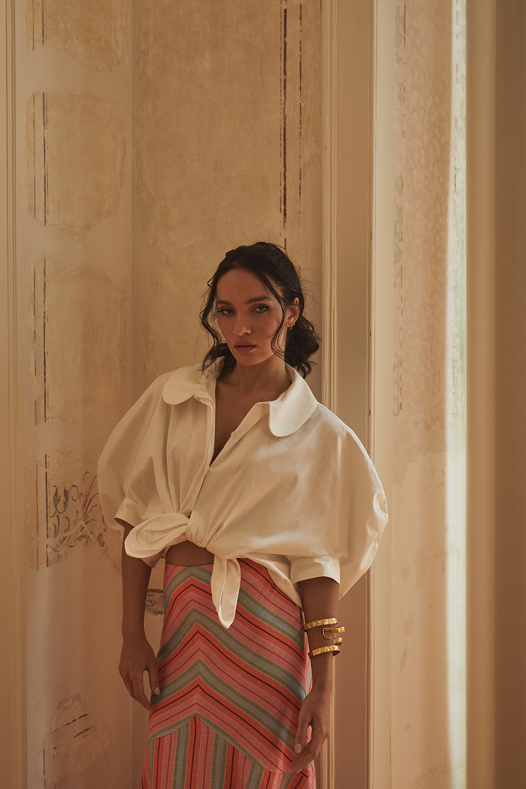 Dam Skjorta Romantisk Krage Bomull Minimalistisk Design-1