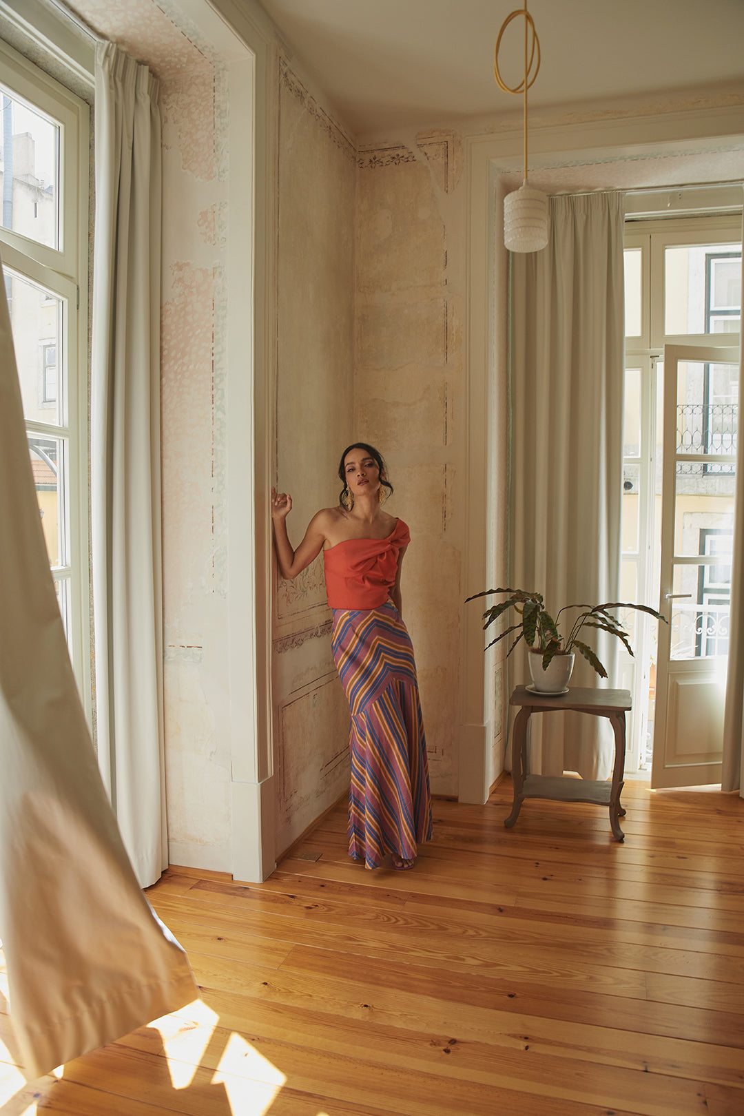 Lång Kjol Dam Linne Mörkblå och Mauve Luftig Design-1