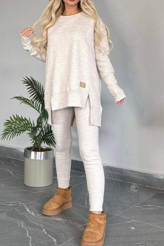 Kvinnors Tröja med Slits och Magra Byxor Hög Låg Nederkant 100% Bomull-1