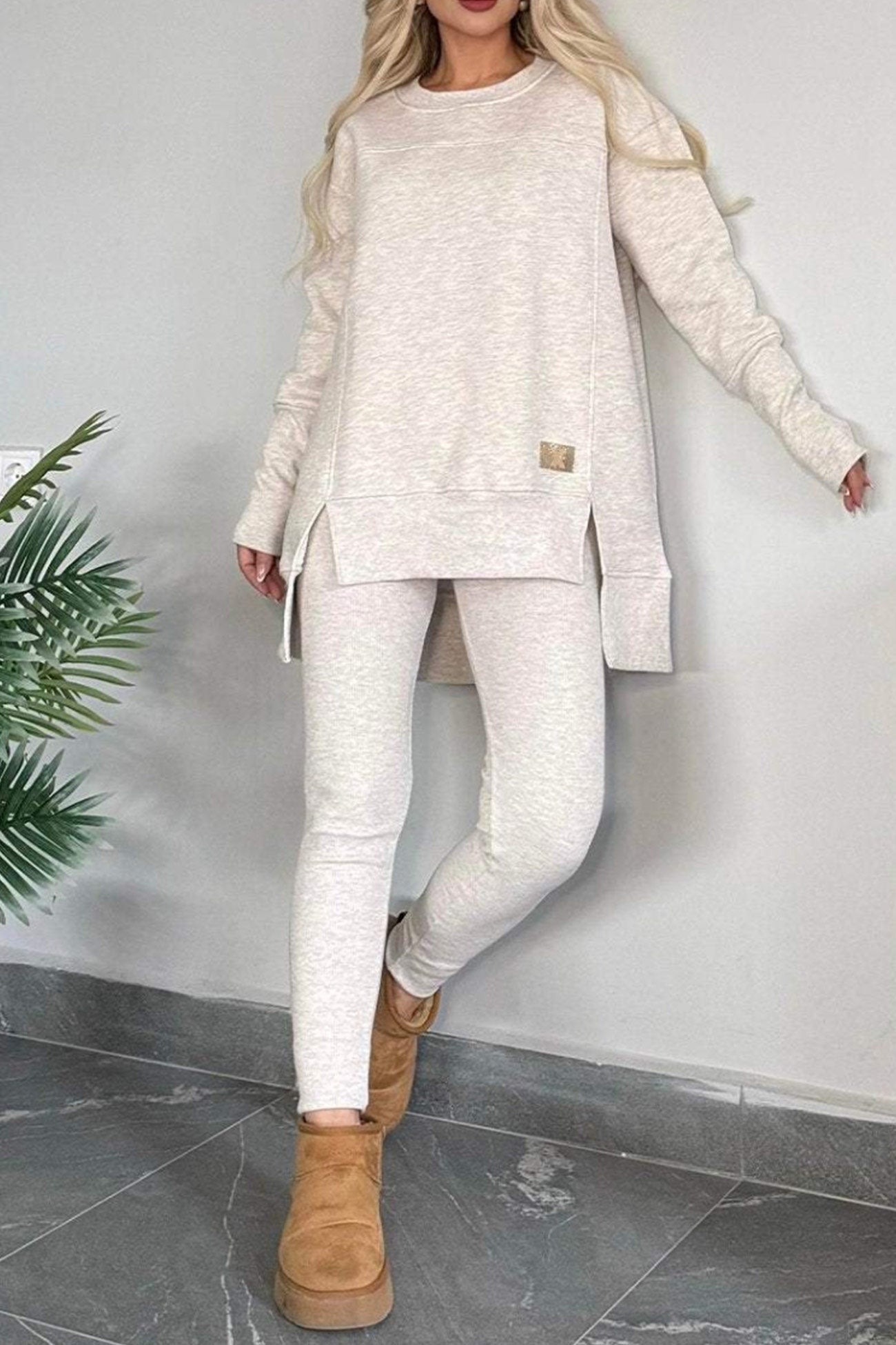 Kvinnors Tröja med Slits och Magra Byxor Hög Låg Nederkant 100% Bomull-2