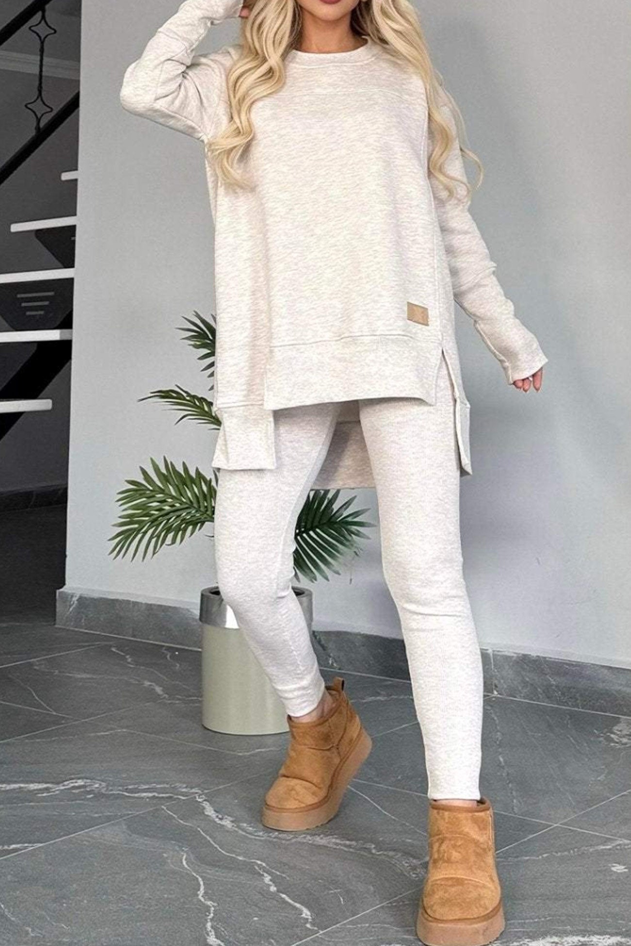 Kvinnors Tröja med Slits och Magra Byxor Hög Låg Nederkant 100% Bomull-3