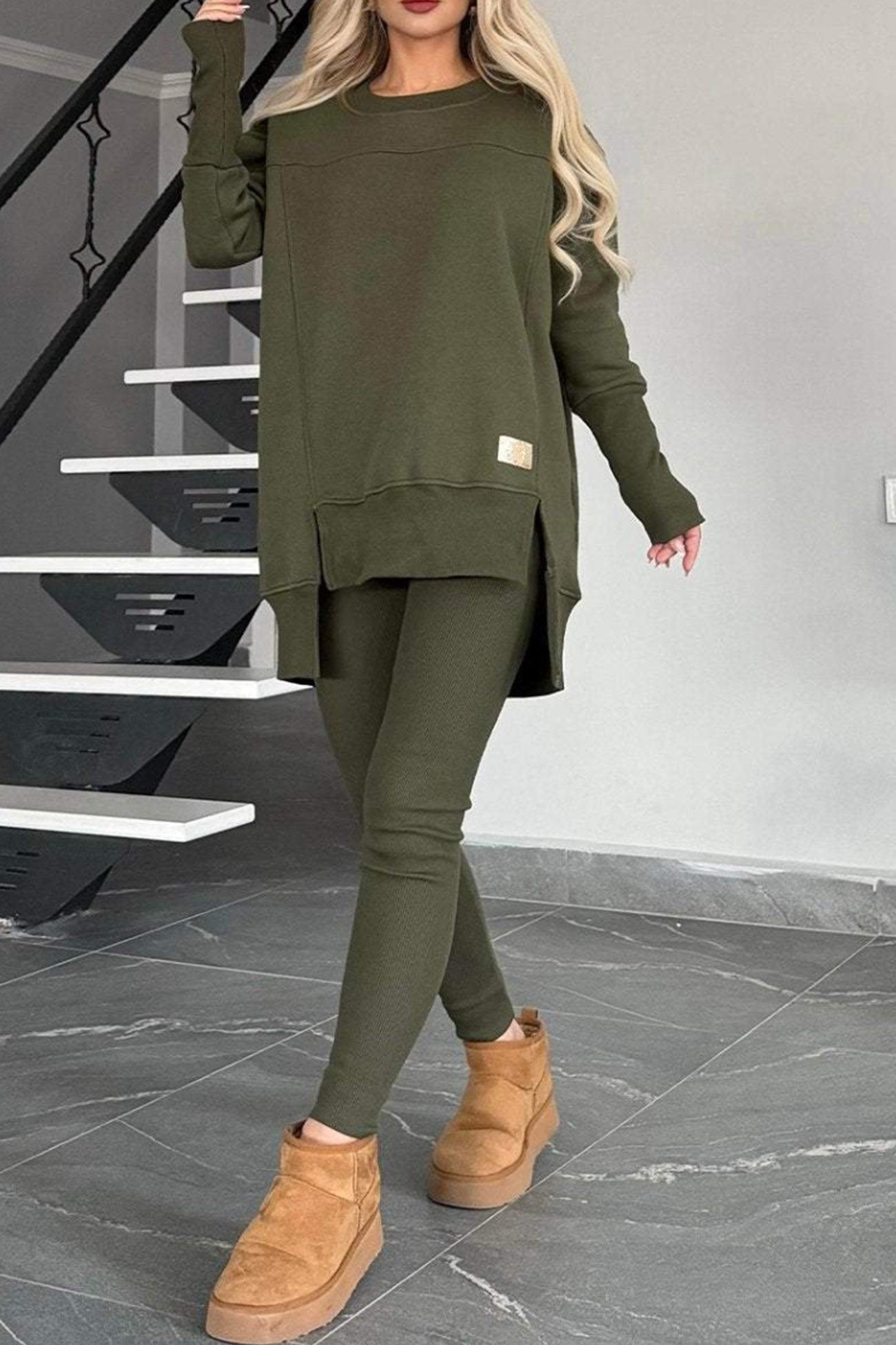 Kvinnors Tröja med Slits och Magra Byxor Hög Låg Nederkant 100% Bomull-4