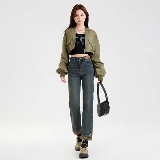 Snygga Byxor Dam Slim Fit Högmidjiga Förkortade Denim 0