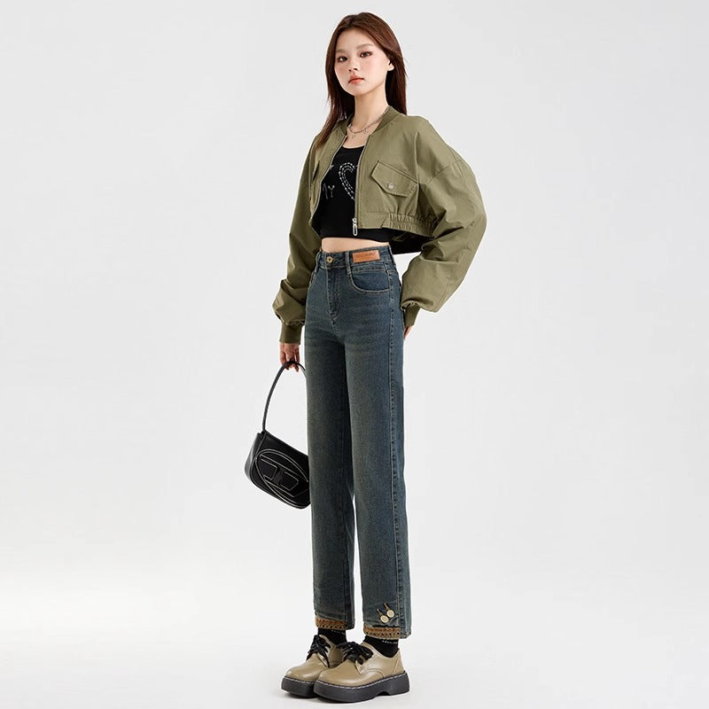Snygga Byxor Dam Slim Fit Högmidjiga Förkortade Denim 3