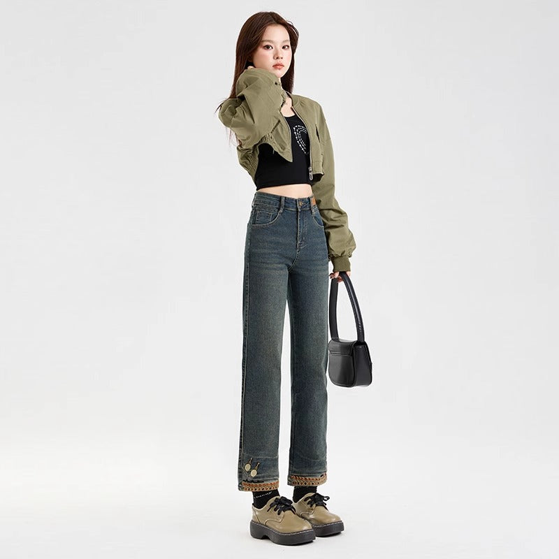 Snygga Byxor Dam Slim Fit Högmidjiga Förkortade Denim 4