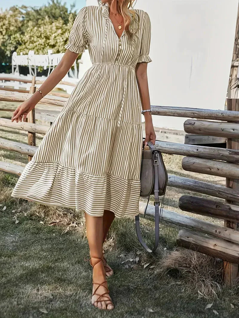 Dam Midi Klänning Randig Halv Ärmar Polyester-4