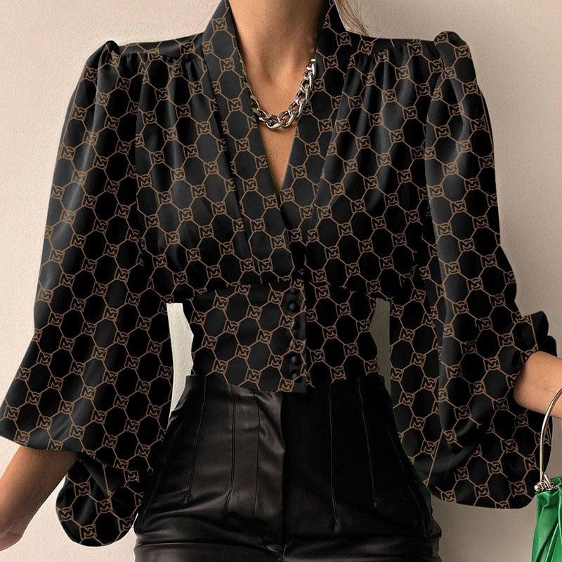 Dam Blus med Lykta Ärmar V-Hals Polyester-3