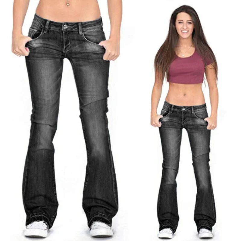 Kvinnor Low Rise Fleared Jeans Vintage Bomull Elastan-5