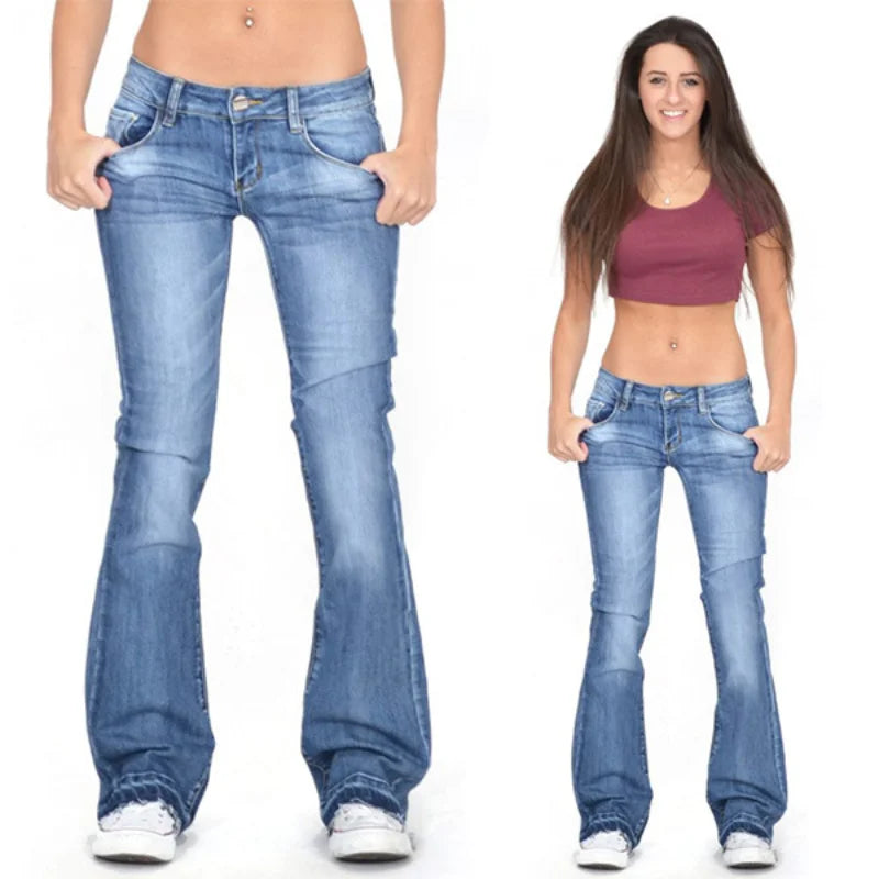 Kvinnor Low Rise Fleared Jeans Vintage Bomull Elastan-2