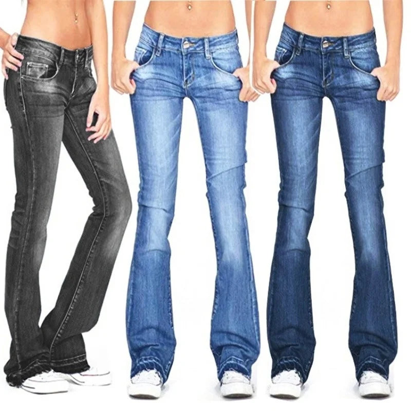 Kvinnor Low Rise Fleared Jeans Vintage Bomull Elastan-4