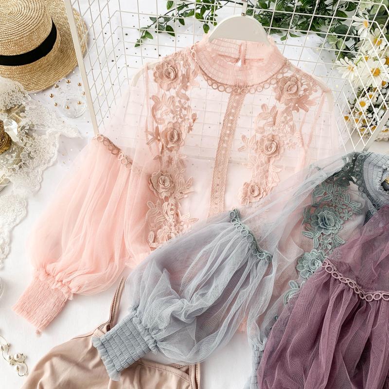 Dam Blus Transparent med Blomdetaljer och Lanternärmar Polyester 2
