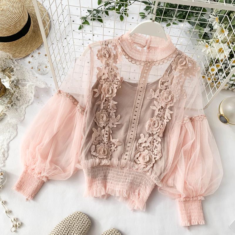 Dam Blus Transparent med Blomdetaljer och Lanternärmar Polyester 8