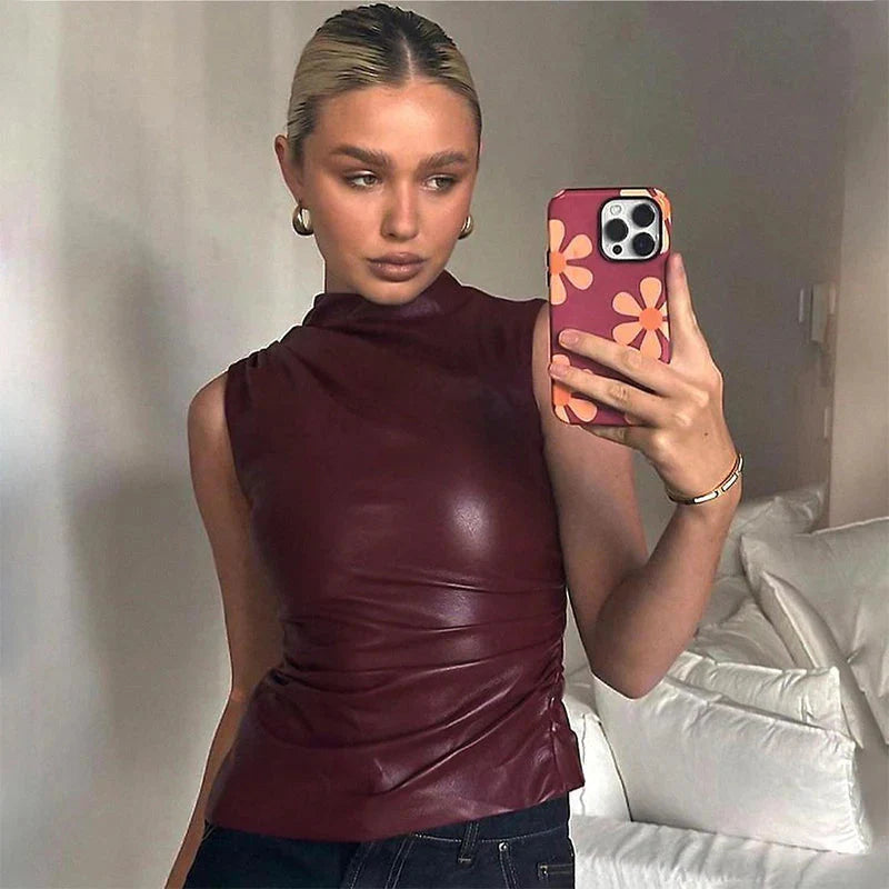 Dam Ärmlös Blus Hög Hals Asymmetrisk Nederkant Lätt Material-2