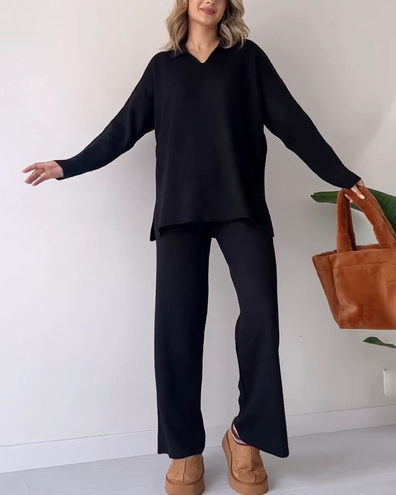 Dam Loungewear Set Överdimensionerad Tröja och Vida Byxor Högkvalitativt Stickmaterial-5