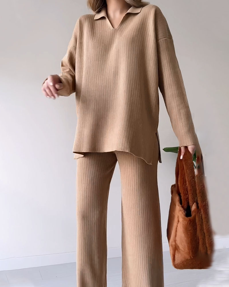 Dam Loungewear Set Överdimensionerad Tröja och Vida Byxor Högkvalitativt Stickmaterial-6