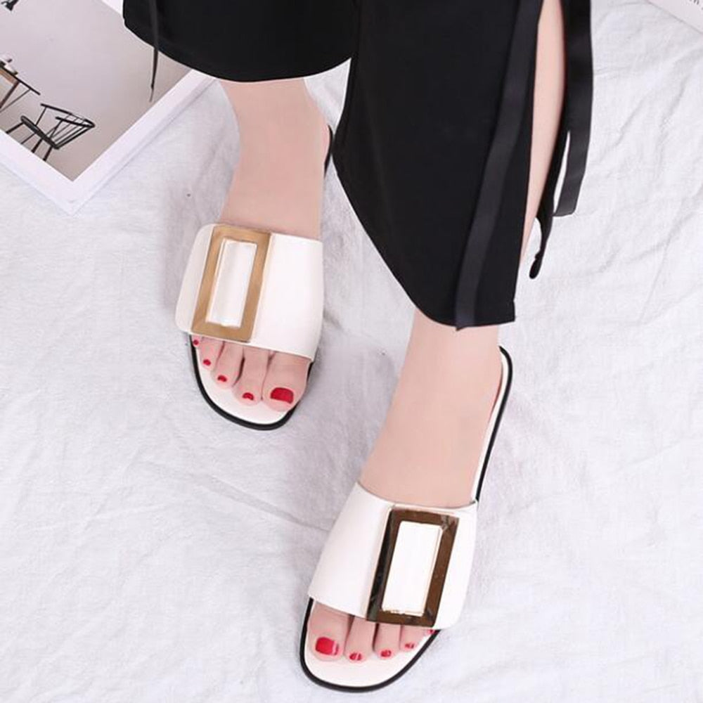 Dam Sandaler Platt Sula med Metall Dekoration i PU och Gummi-3