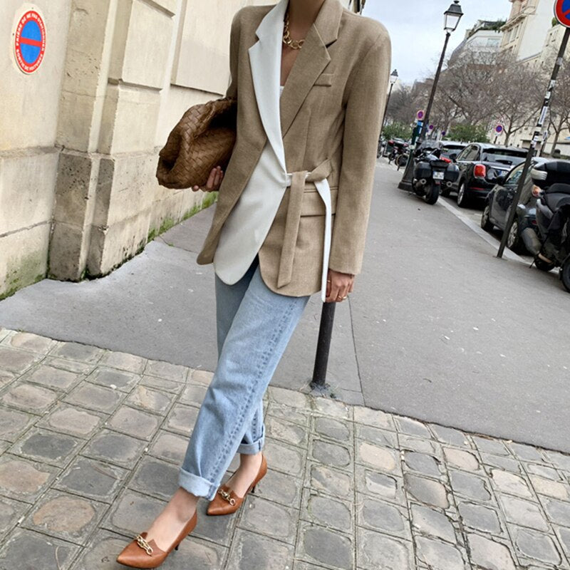 Dam Blazer med Reverskrage i Bomull och Polyester för Kontor och Formella Tillfällen-3