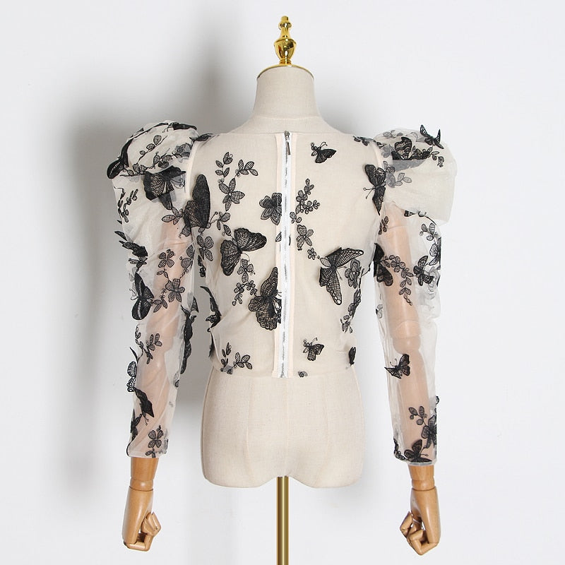 Damblus med Puffärmar och Rund Krage i Bomull och Polyester – Elegant Fjärilsdesign för Vardags och Fest 2