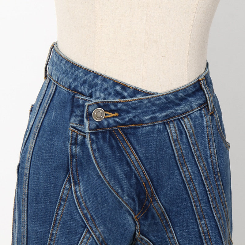 Dam Jeans Hög Midja Patchwork Design Bomull Polyester-3