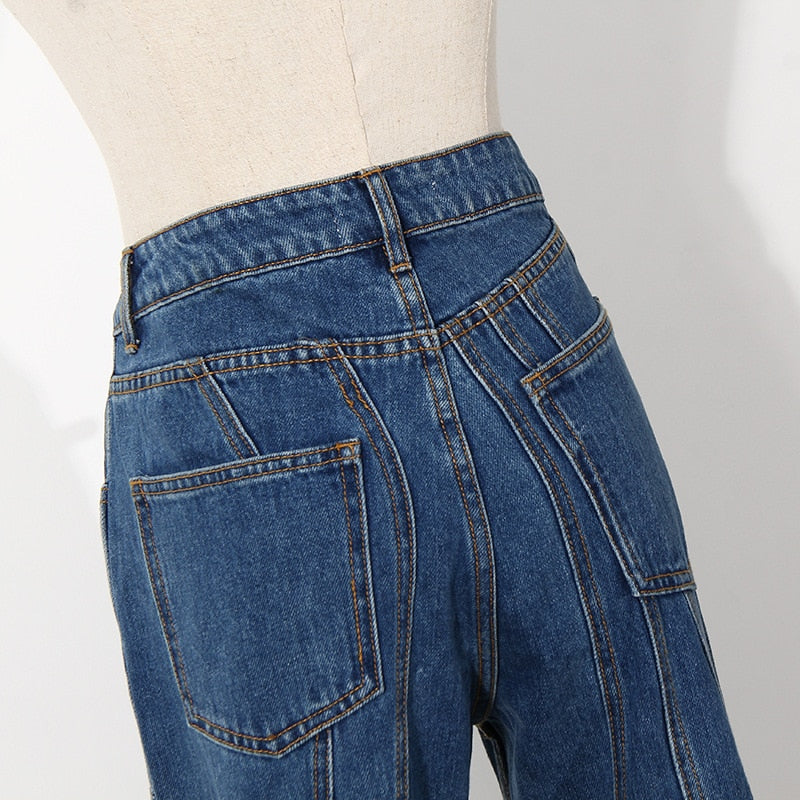 Dam Jeans Hög Midja Patchwork Design Bomull Polyester-4