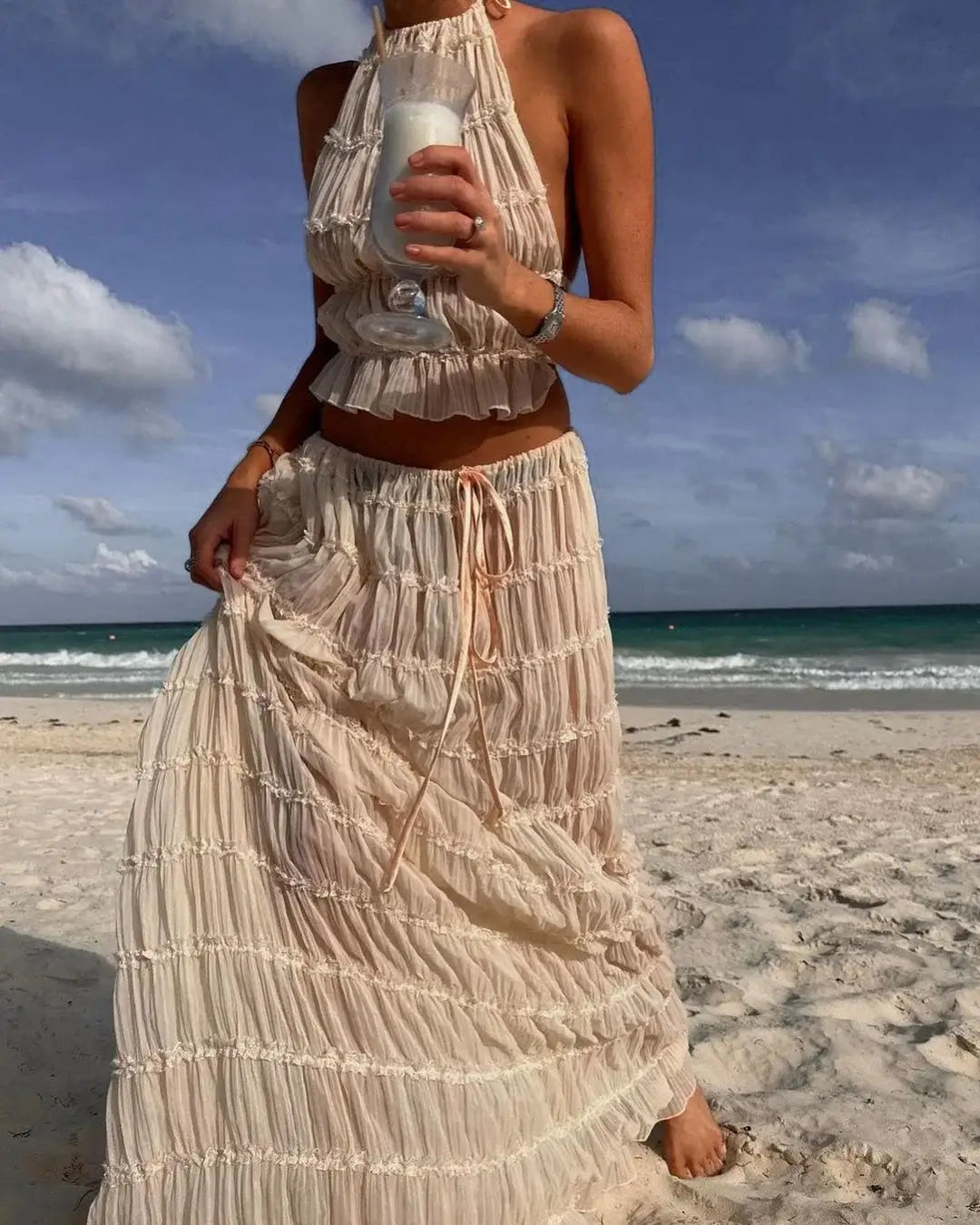 Dam Två-deluppsättning med Rüsch-detaljer Polyester-6