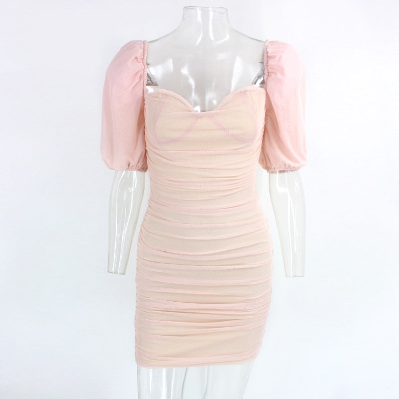 Dam Mini Klänning Fyrkantig Krage Puffärmar Polyester-5