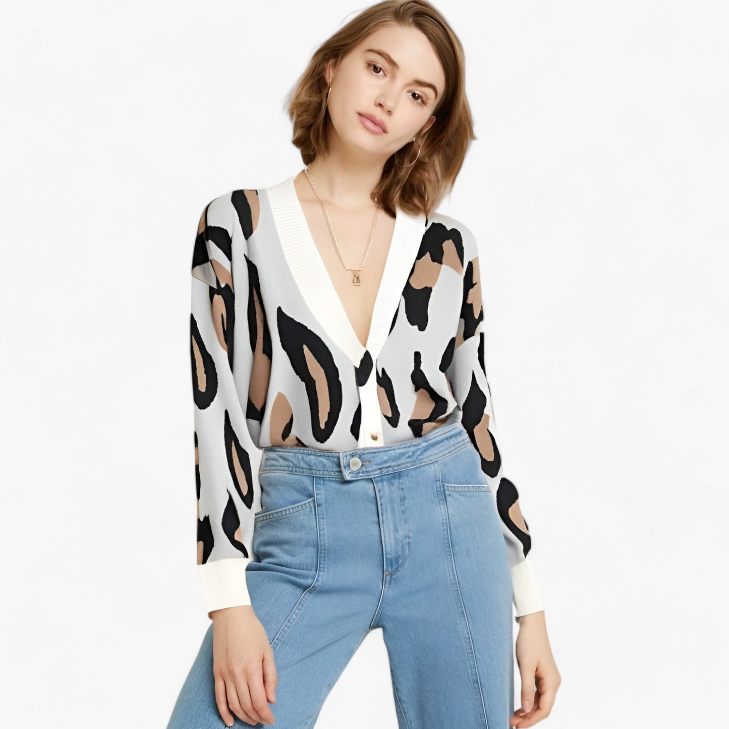 Dam Lång Kofta V-ringad Löst Snitt Mjukt Material-3