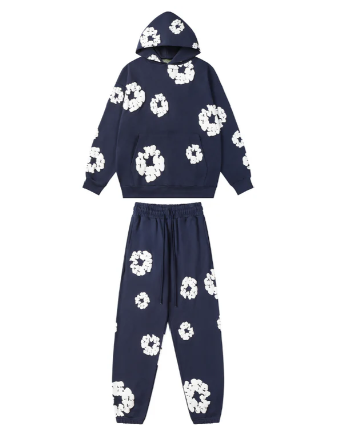 Unisex Hoodie Blommönster Mjuk Bomull och Sweatpants 11
