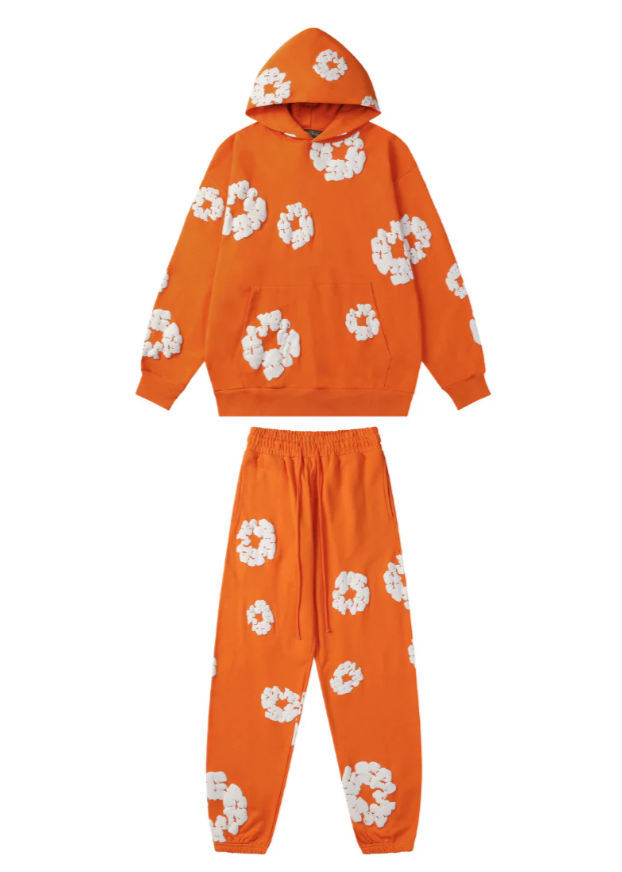 Unisex Hoodie Blommönster Mjuk Bomull och Sweatpants 12