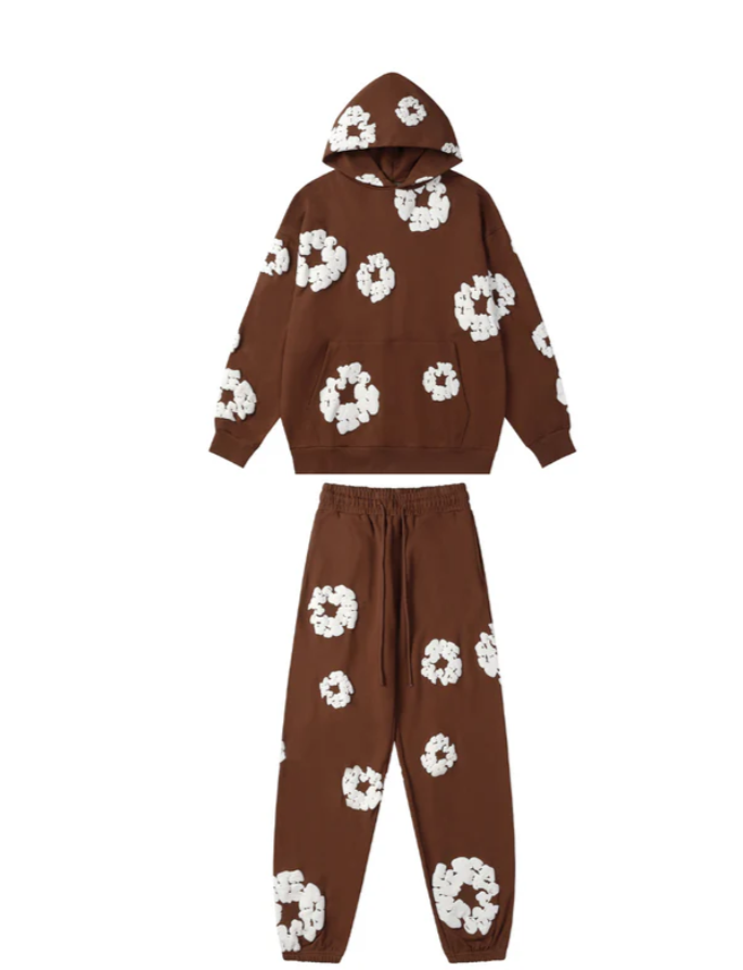 Unisex Hoodie Blommönster Mjuk Bomull och Sweatpants 7