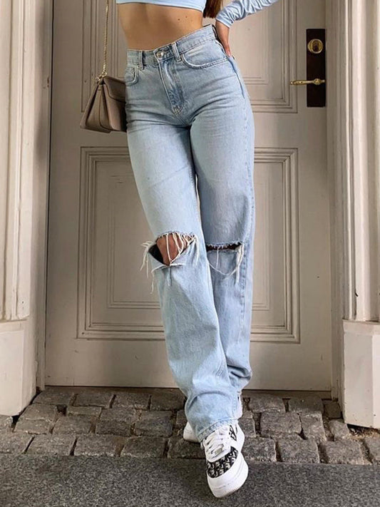 Hög Midja Rivna Jeans Dam Baggy Bred Ben i 100% Bomull - Trendig och Avslappnad Stil 1