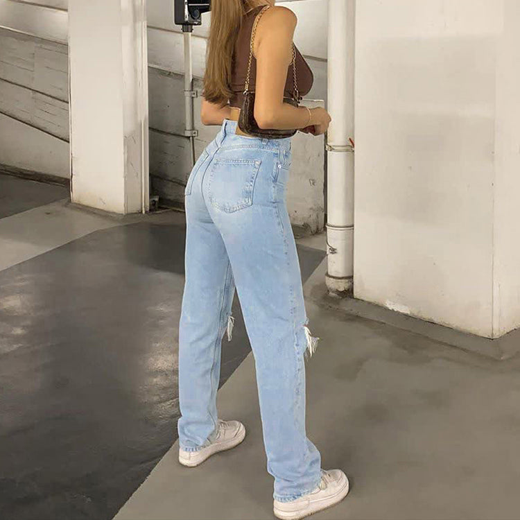 Hög Midja Rivna Jeans Dam Baggy Bred Ben i 100% Bomull - Trendig och Avslappnad Stil 3