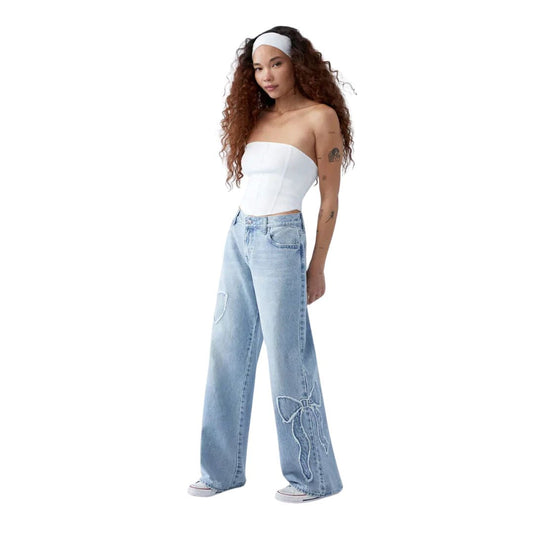 Damjeans Hög Midja Breda Ben Vintage Denim med HjÀrtlapp-1