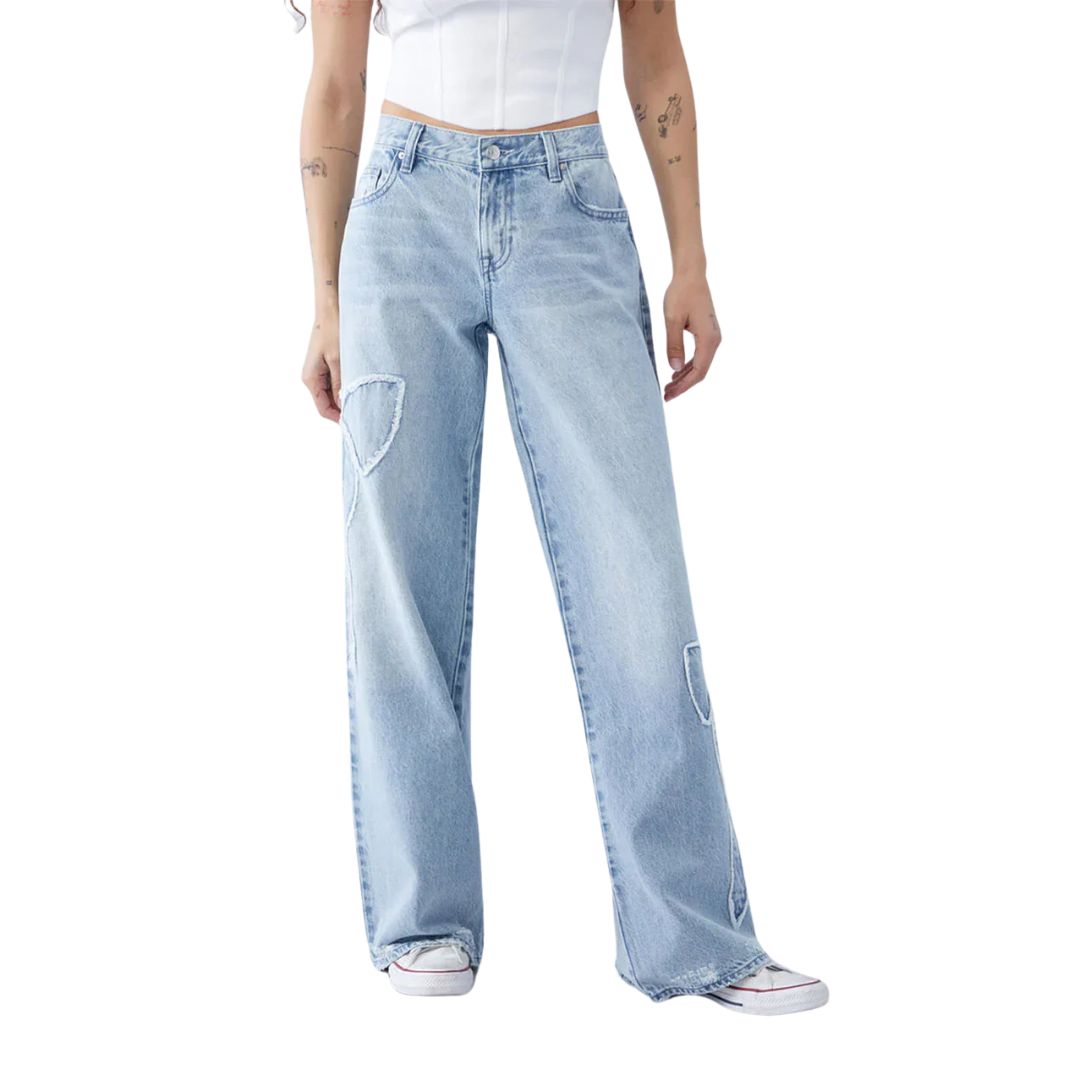 Damjeans Hög Midja Breda Ben Vintage Denim med Hjärtlapp-2