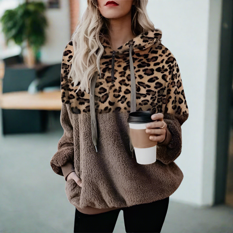 Dam Hoodie Leopardmönster Lätt Plysch-2