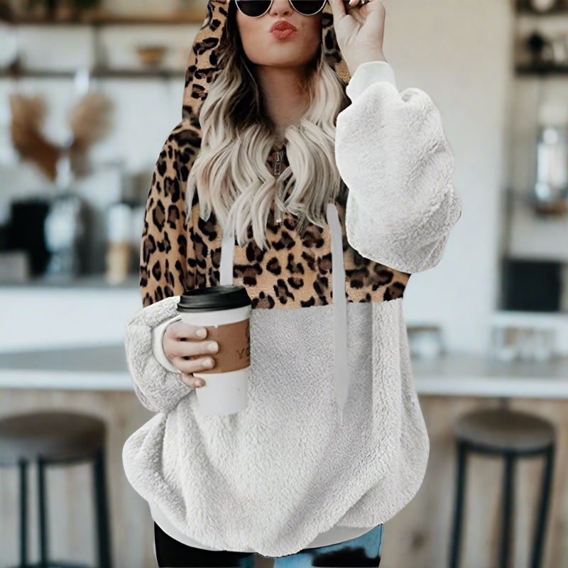 Dam Hoodie Leopardmönster Lätt Plysch-3