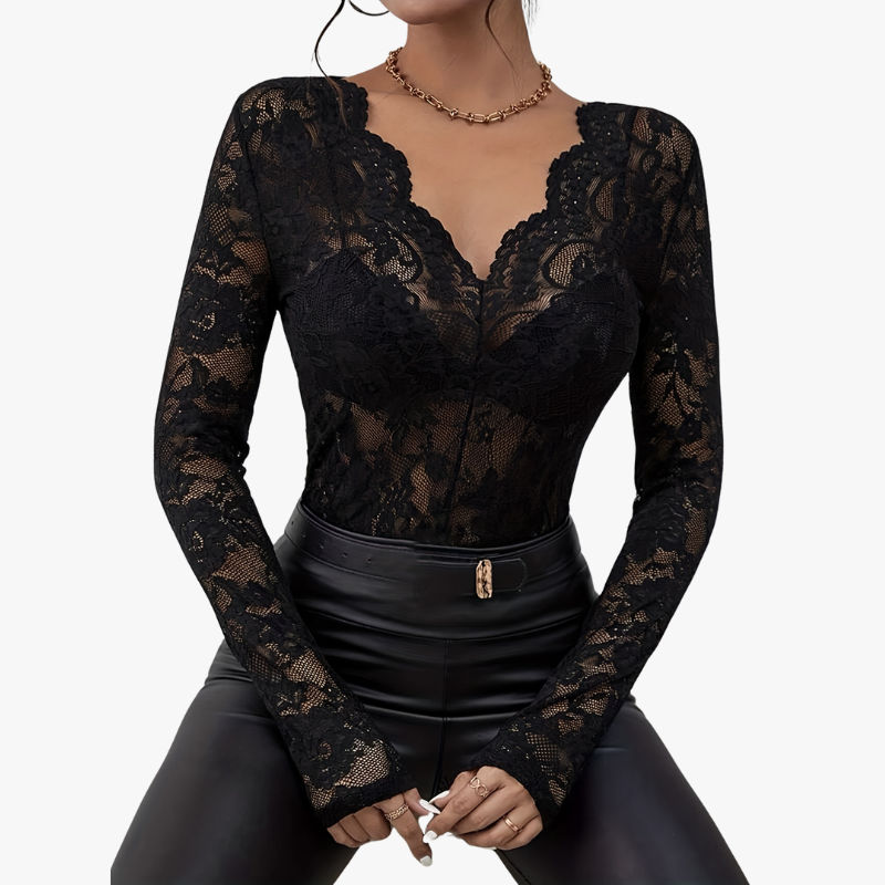 Dam V-hals Topp Långa Ärmar Spetsdetaljer Stretchigt Material-2