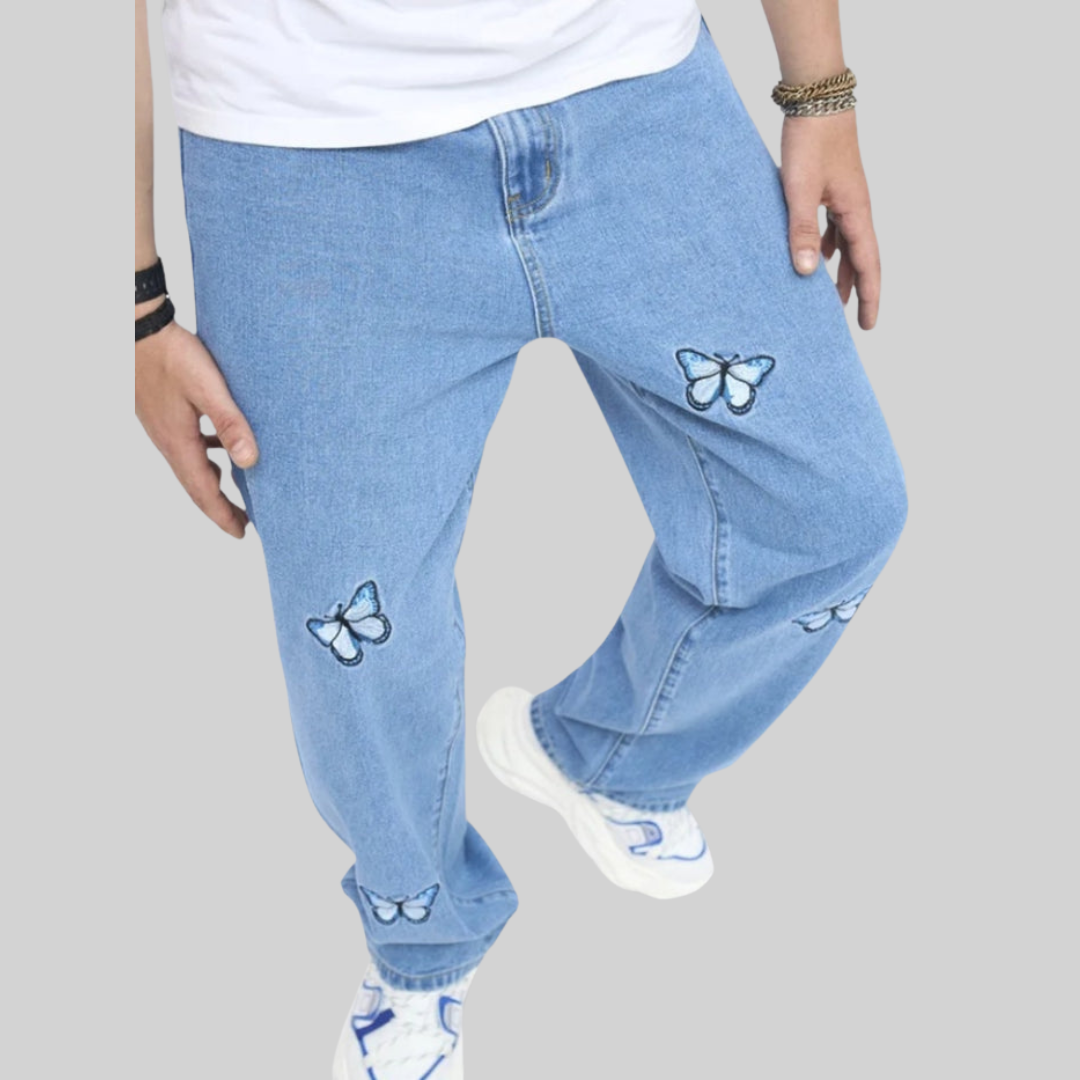 Dam Jeans Vintage Broderade Med Fjärilar i Hållbart Material-2