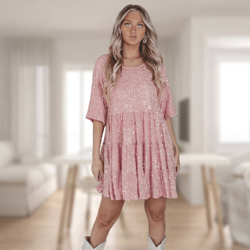 Kvinnors Kort Festklänning i Glittrande Material för Bröllop och Fester-5