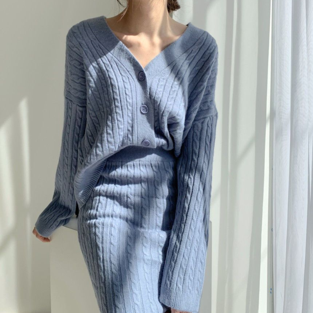 Dam Stickad Top och Kjol Set Vintermode 100% Akryl-4